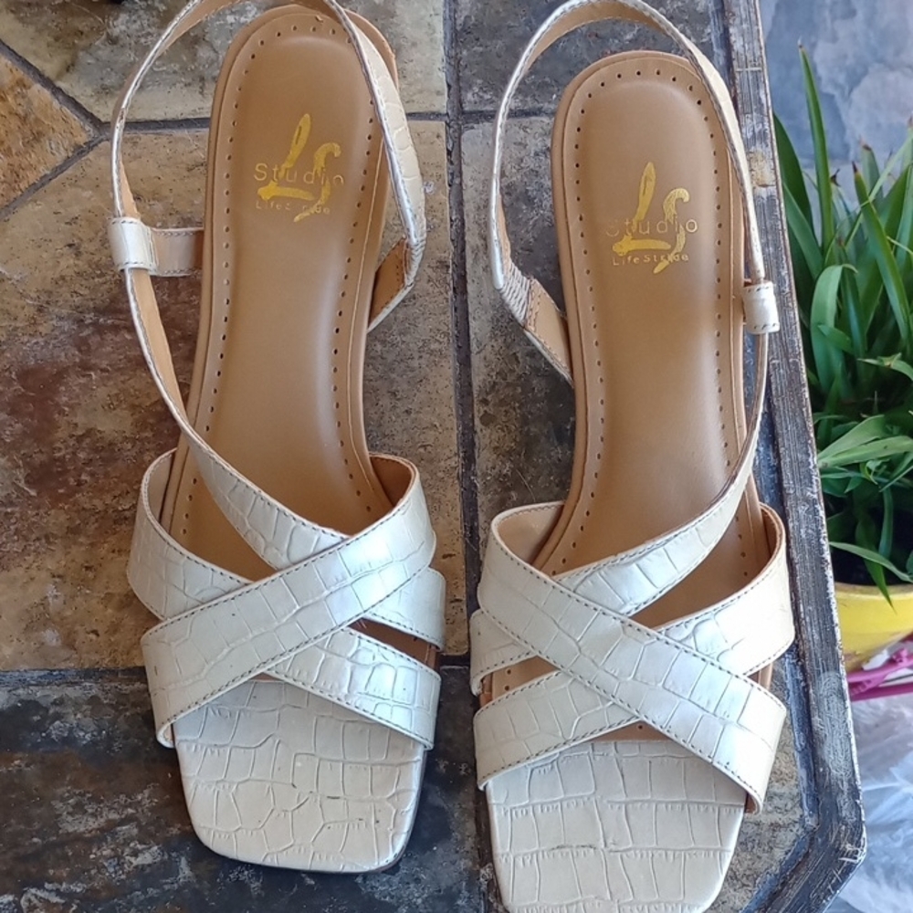 Studio Cream Croc-Embossed Strappy Sandals